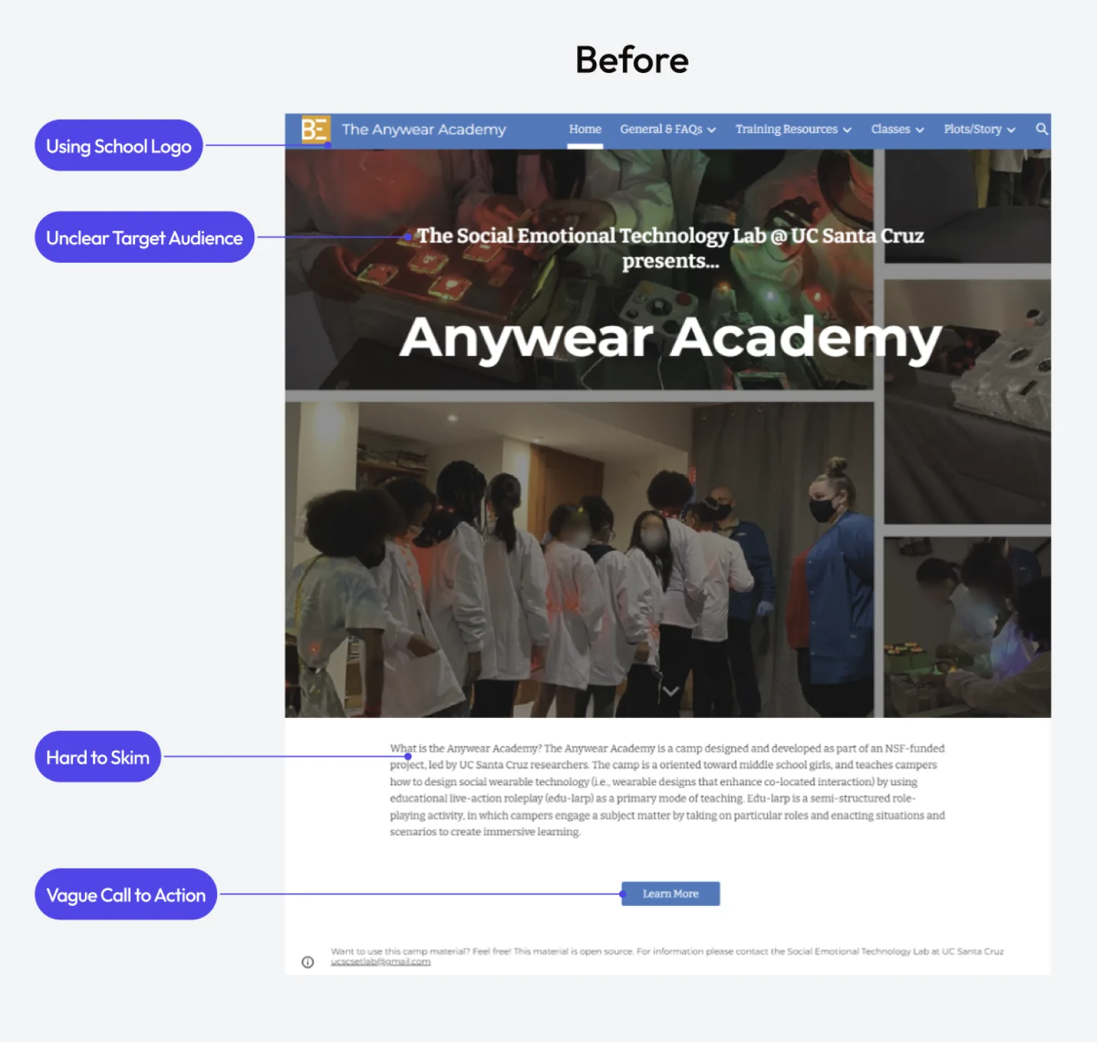 The original Anywear Academy site, annotated with its problems