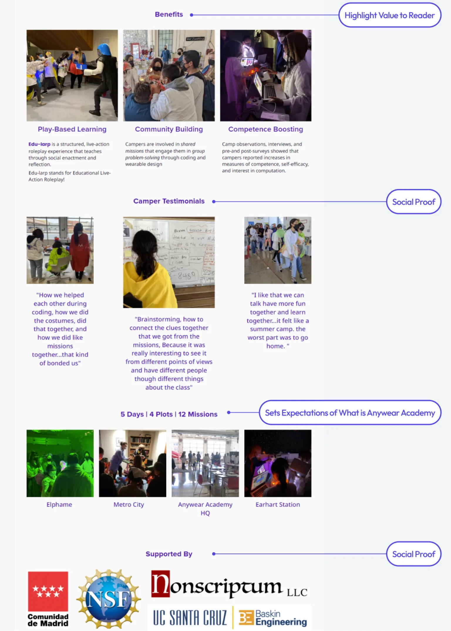 New site sections for benefits, camper testimonials, the camp schedule and supporters