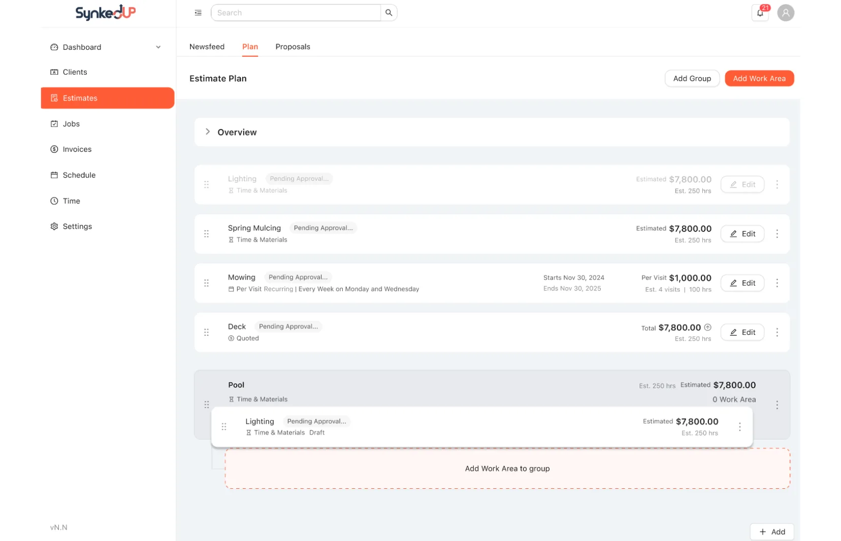 Drag-and-drop estimate builder with groups and work areas